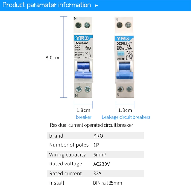 Circuit Breaker AC 1P 230V 10A 16A 20A 25A 32A Residual Current Circuit Breaker Differential Breaker Safety Switch DZ30LE-32