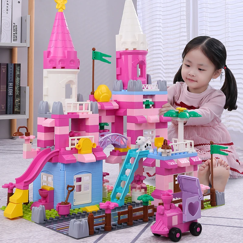 QWZPinkPrincessCastleBlocksToyHouseDIYBuildingBlocksColorful