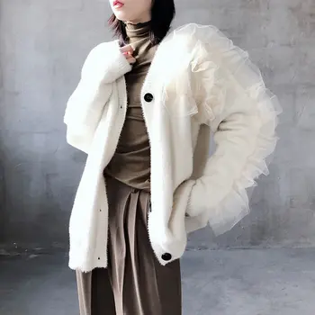 

Ruffled Mesh Splicing Cardigan Women V Neck White Sweater Trend Loose Tops Korean Style Lazy Oaf Black Knitwear ZLL4598