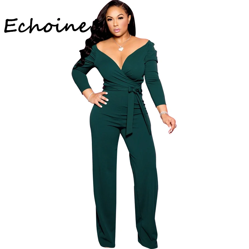 

Sexy Women Jumpsuit Deep V-neck Bandage Playsuits Long Sleeve Long Wide Pants Autumn Party Night Cloths For Women Solid 4 Color