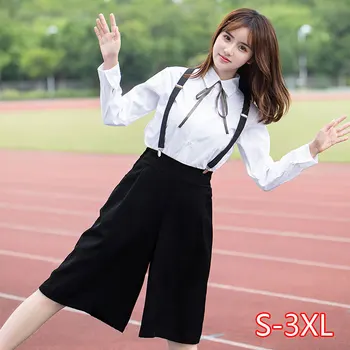 

Fashion Japanese Plus Size School Girl Uniform 4XL White Shirt Suspender Trousers Sets Women Chorus Performance Clothes