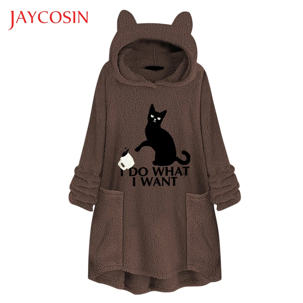 Футболка JAYCOSIN женская флисовая с вышивкой кошачьи уши зимняя верхняя одежда