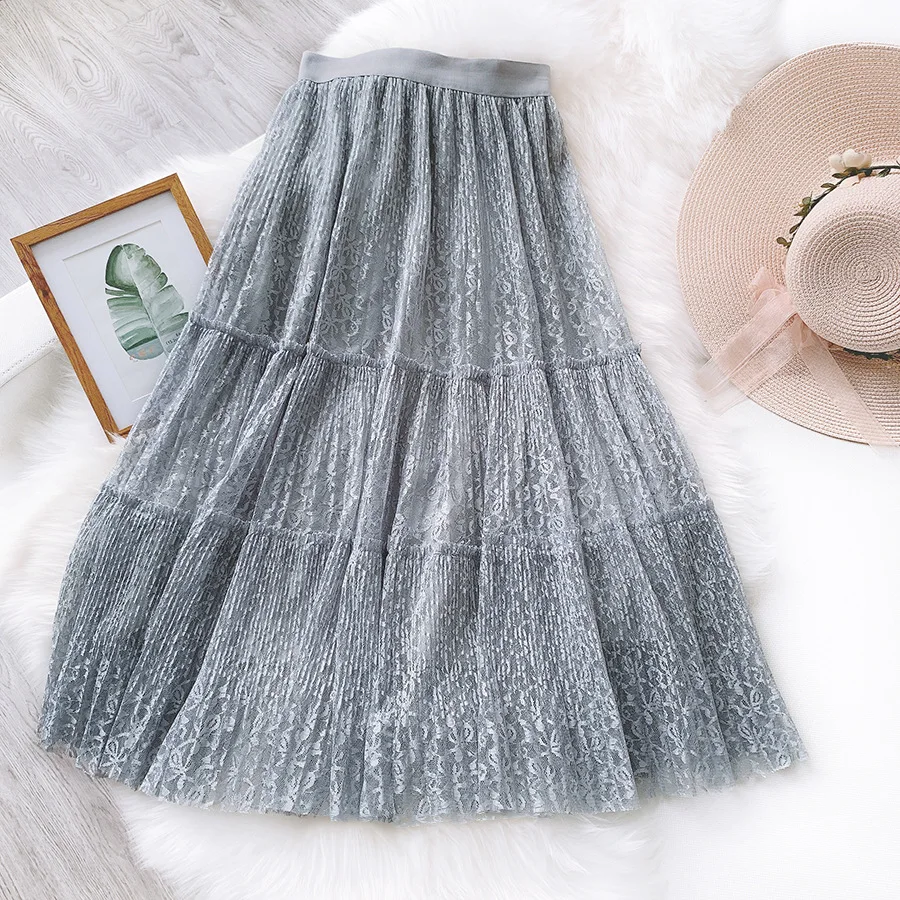 

Tulle Skirts 2020 New Spring Summer Korean Pleated Lace Mesh Skirts High Waist Embroidered Literary Fresh Skirt for Women Saias