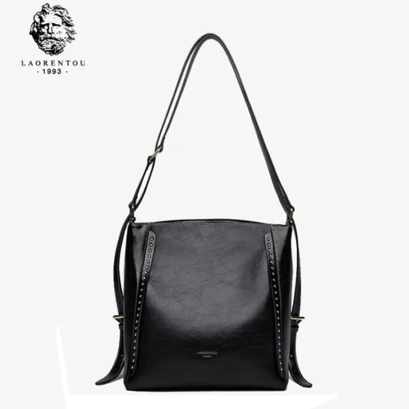 

LAORENTOU 2019 New Women Leather bag quality Cowhide women handbags Leisure Bucket bag women leather shoulder Crossbody bag