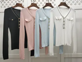 

2020 autumn new women V neck hollow long sleeve thin sweater cardigans female casual knitted sweater 4 color ddxgz2 8.03