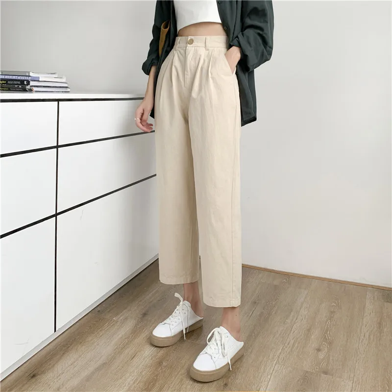 

Women Casual Straight Cotton Harem Pants Slim High Waist Female Trousers Spring Autumn Korean Pants Office Ladies Clothing