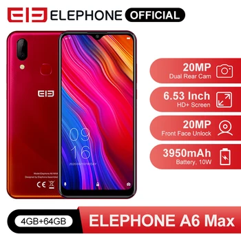 Перейти на Алиэкспресс и купить Elephone A6 MAX мобильный телефон MT6762V 4 Гб 64 Гб 6,53 ''экран 20 МП фронтальная камера отпечаток лица разблокировка смартфона Android 9,0