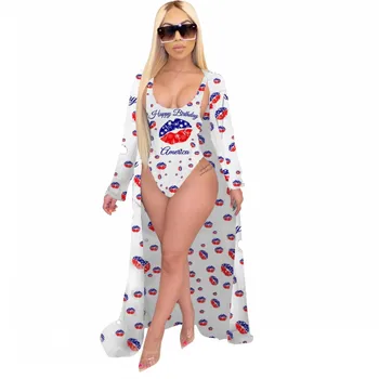 

Women Set Summer Beach Happy Birthday Lips Print Cloak Bodysuit Two Piece Set Bikinis Bodysuits And Cloak Coat Set