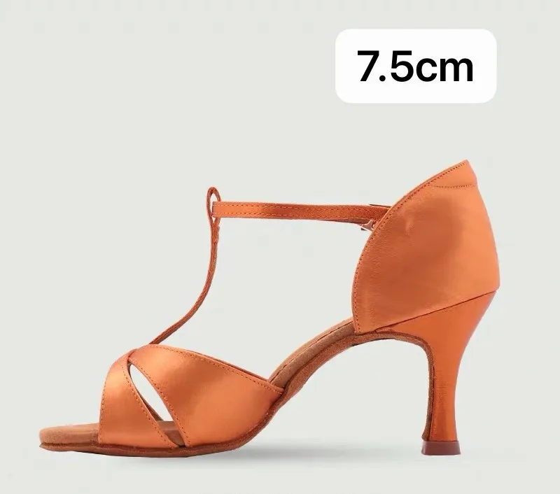 dark tan 7.5cm heel BD танцевальная обувь для латинских танцев 2358 Кристина атласные сандалии женская обувь для латинских танцев Профессиональная мягкая подошва Высокий каблук Удобная устойчивая - Цвет: dark tan 7.5cm heel