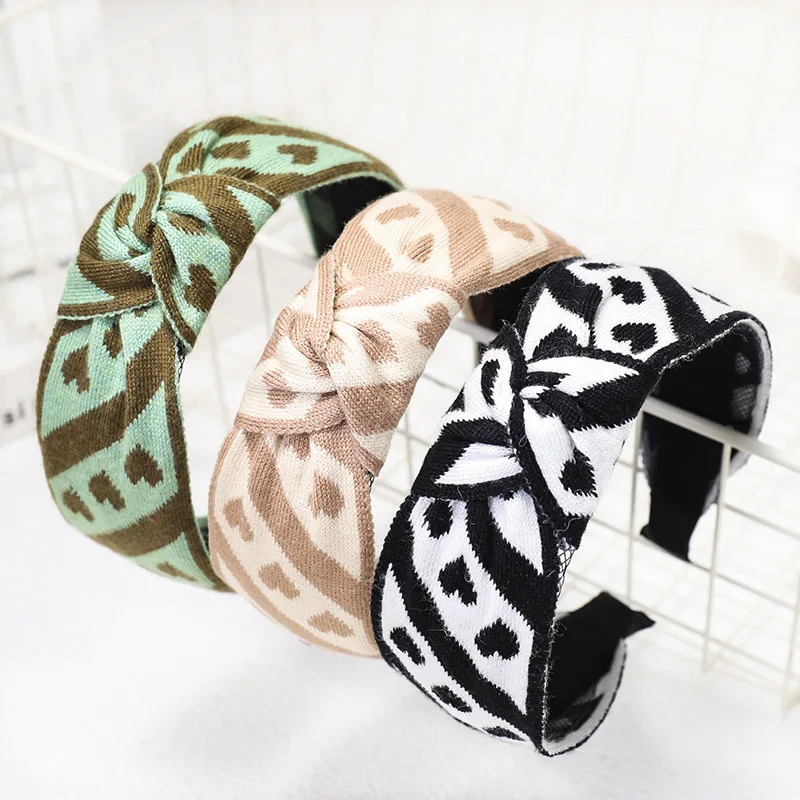 

BISENMADE Autumn Winter Hairband Women Knitted Fabric Headband Love Stripe Print Headwear Hair Accessories Girl Knot Headdress