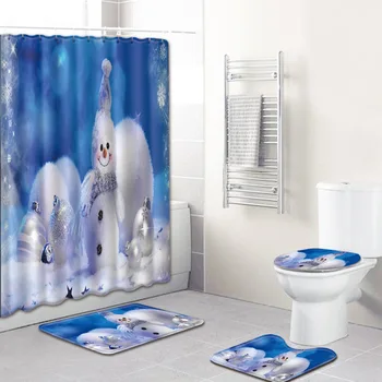 

2020 New Print Shower Curtain 4 Piece Carpet Cover Toilet Cover Bath Mat Pad Set Bathroom Curtain with 12 Hooks
