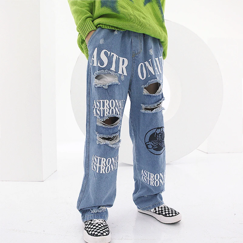 Hip Hop Ripped Jeans for Men Vintage Distressed Wash Hole Jeans Trousers Blue Letter Print Straight 3