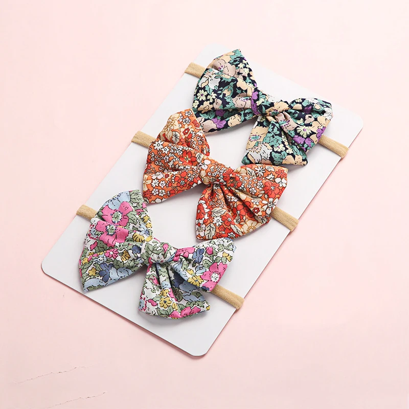 

3Pcs/Lot Baby Girls Headband Floral Printing Children Nylon Bows Hairbands Skinny Infant Princess Head Bands Newborn Bandage
