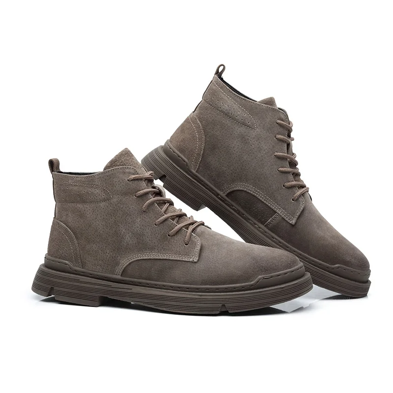 

Casual Genuine Leather Mens Work Shoes Mid Cut Round Toe Flats Lace Up Military Combat Desert Botas Brown Footwear Bootie 2019