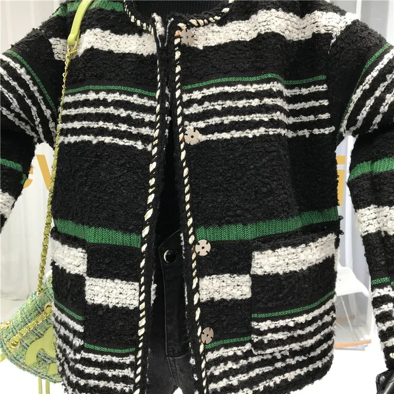 Полосатые женские пальто и куртки с широкой талией Abrigos Mujer Invierno, флисовая женская куртка с круглым вырезом и пуговицами