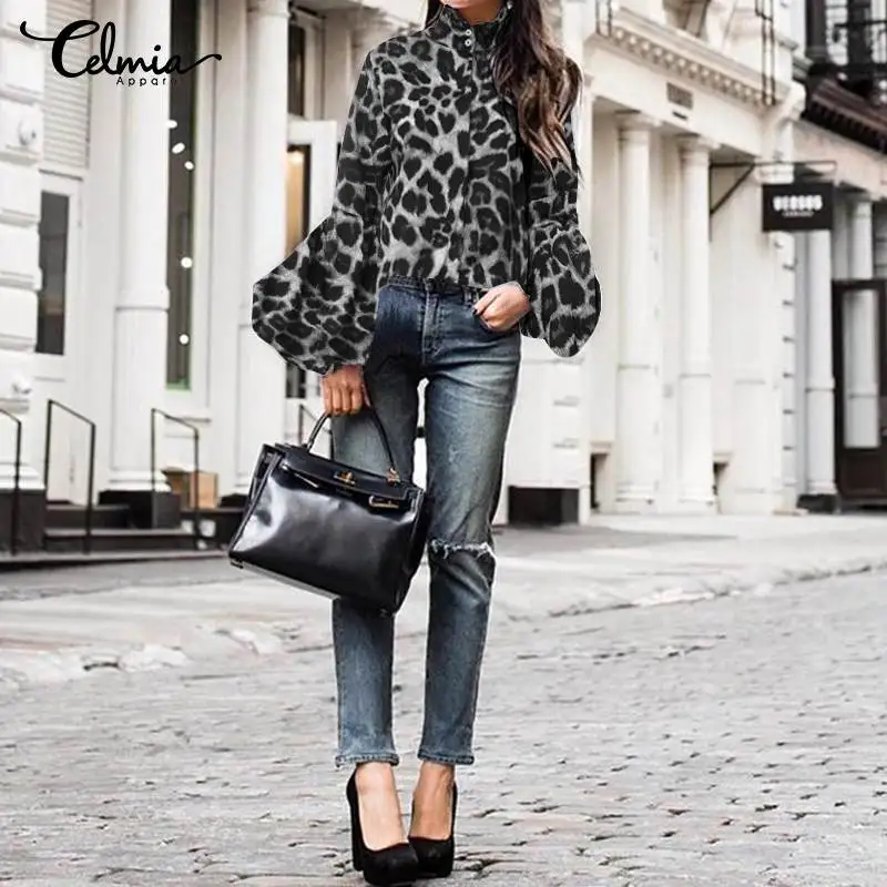 Celmia Women High Neck Lantern Sleeve Top Fashion Blouse Women's Long Sleeve Leopard Print Ladies Tops Plus Size Casual Blusas - 4.00029E+12