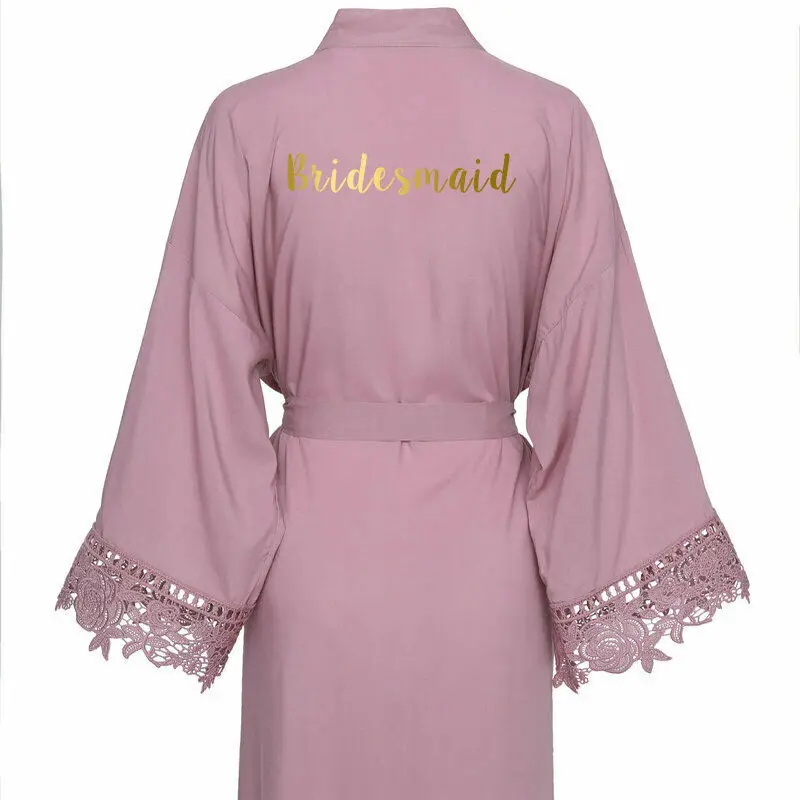 Mauve Bridesmai Owiter, однотонный хлопковый Халат для невесты, кружевная отделка, Свадебный халат, халаты для невесты, халат, одежда для сна с поясом для женщин - Цвет: Mauve Bridesmai