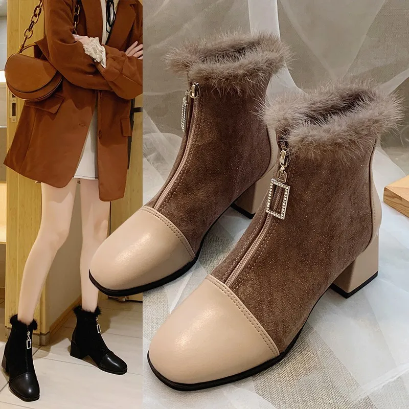 

Short Boots Women's Autumn And Winter Furry Boots 2019 New Style INS Online Celebrity Thin Boots Extra High with in Chunky-Heel