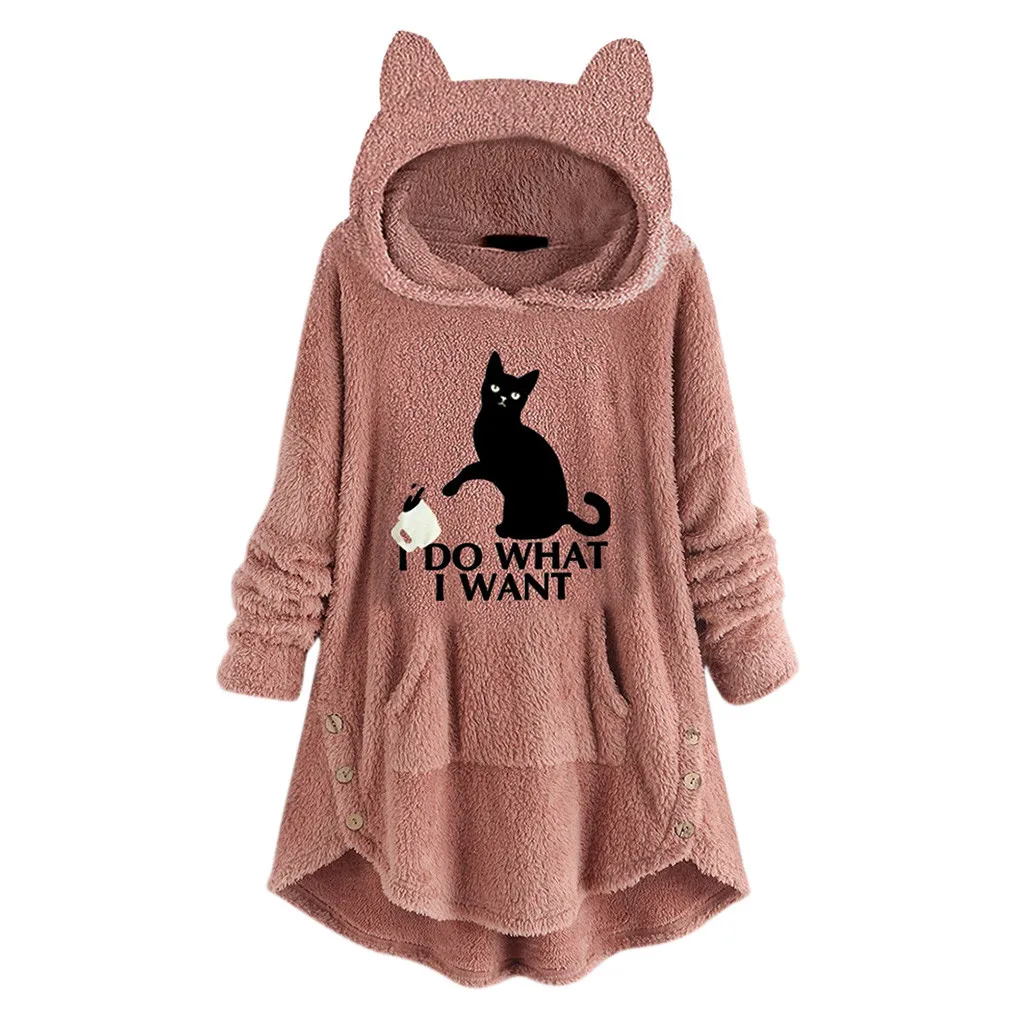 Womens Fuzzy Fleece Sweatshirt Cat Embroidery Print Hoodie Top Long Sleeve Button Side Pullover with Pocket