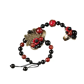 

High Quality Scarlet Black Beads Bracelet Finger Hand Chain Harness Women Bracelet Stone Crystal Charm Peacock Lady Lass Jewelry