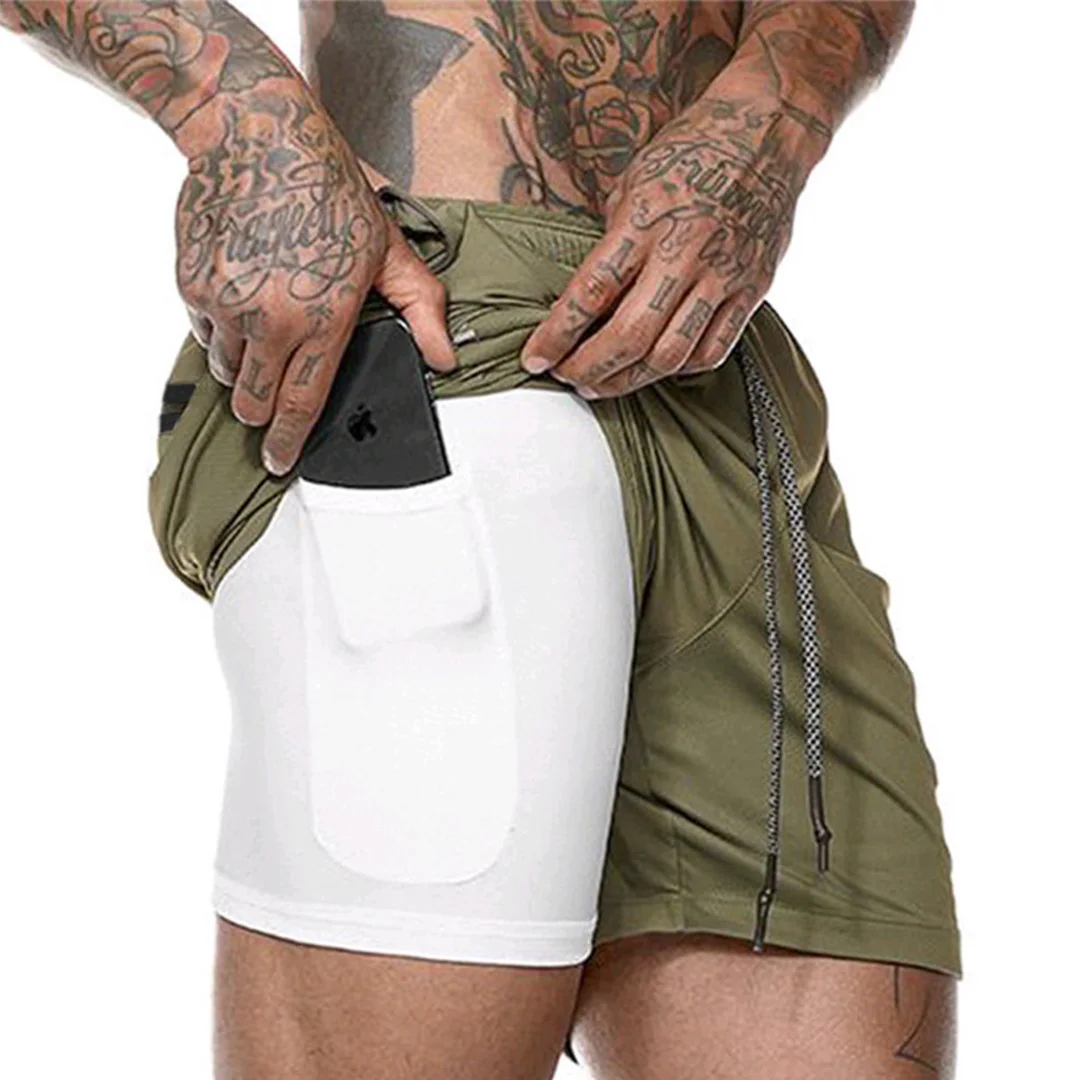 

Summer Double-Deck Mens Shorts Fitness Bodybuilding Breathable Short Pants Gyms Clothing Men Casual Joggers Shorts Beach Shorts