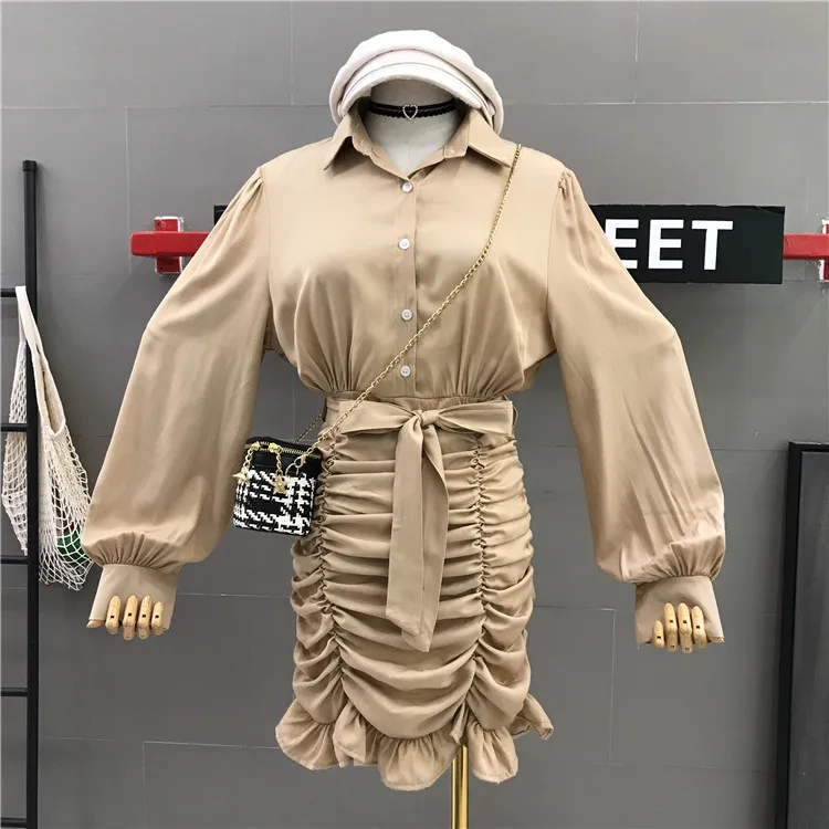 

2019 New Fashion Spring Fall Pure Color Long-sleeved High Waist Shirt Dress Lady's Casual Slim Hip Short Dress