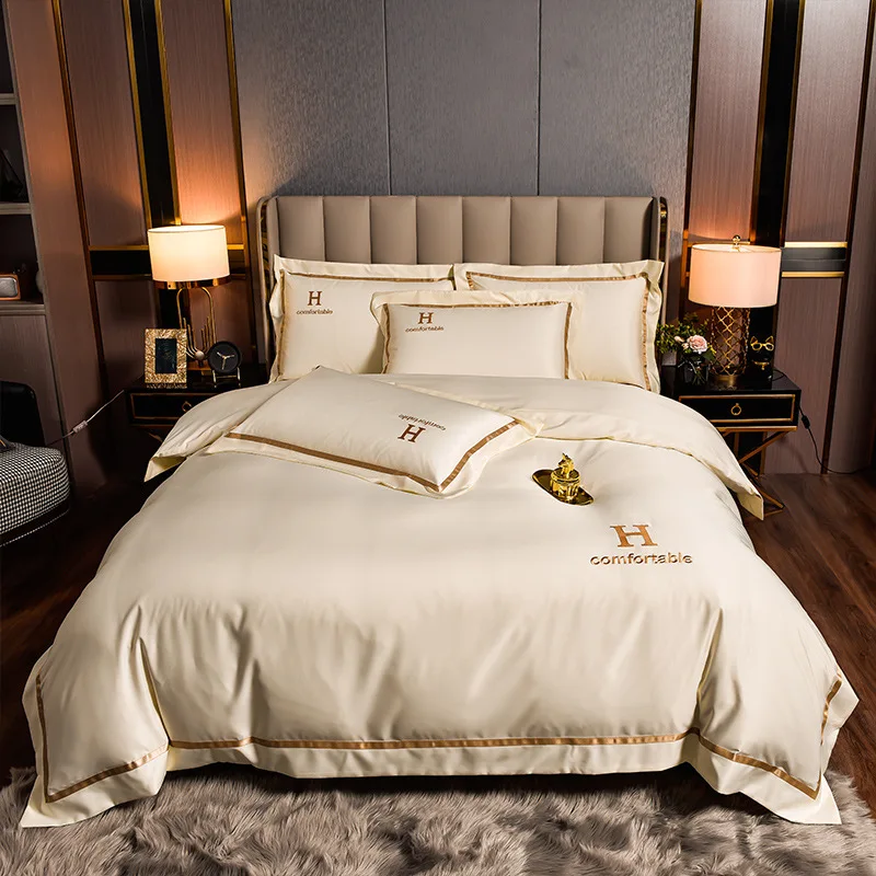 The New 60s Washed Silk Four-piece Light Luxury Embroidered Ice Silk Duvet Cover Sheet Silk Sliding Nude Sleeping Suit 