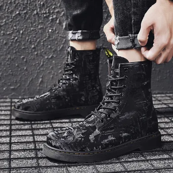 

Fashion Printed Leather Martin Boots Man Casual High-top Warm Ankle Snow Boots Men Trend British Style Winter Men's Boots 2020