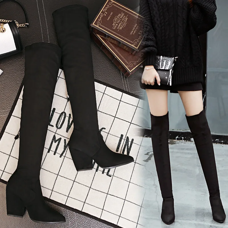 

Hot Selling 2018 Winter New Style Europe And America Women's Stovepipe Stretch Boots Thick with High Heels Pointed Toe over-the-