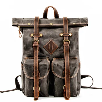 

Canvas leather backpack men's multifunctional laptop bag a large number of waterproof leather belt stitching knapsack bookbag