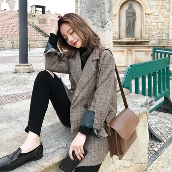 

2020 New Business Plaid Suit Women Jacket Spring Autumn Long Blazers Jackets Retro Chic Korean Loose Lattice Female tops X668
