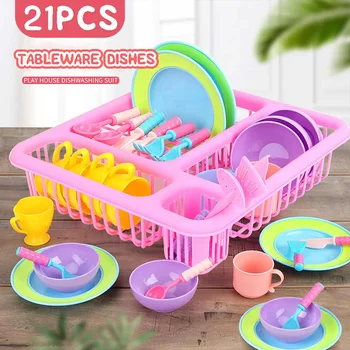 

Kids 21pcs Tableware Dishes Plates Bowls Cups Knife Fork Spoon Cookware Kitchen Drainer Cooking Dry Rack Tool Pretend Play Toy