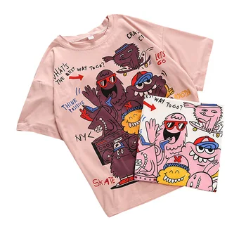 

Short Sleeve Blouse T Shirt Tops Girls Round Neck Cartoon Graffiti Print Loose Fit Streatshirt Sweet Tee Shirt Tops