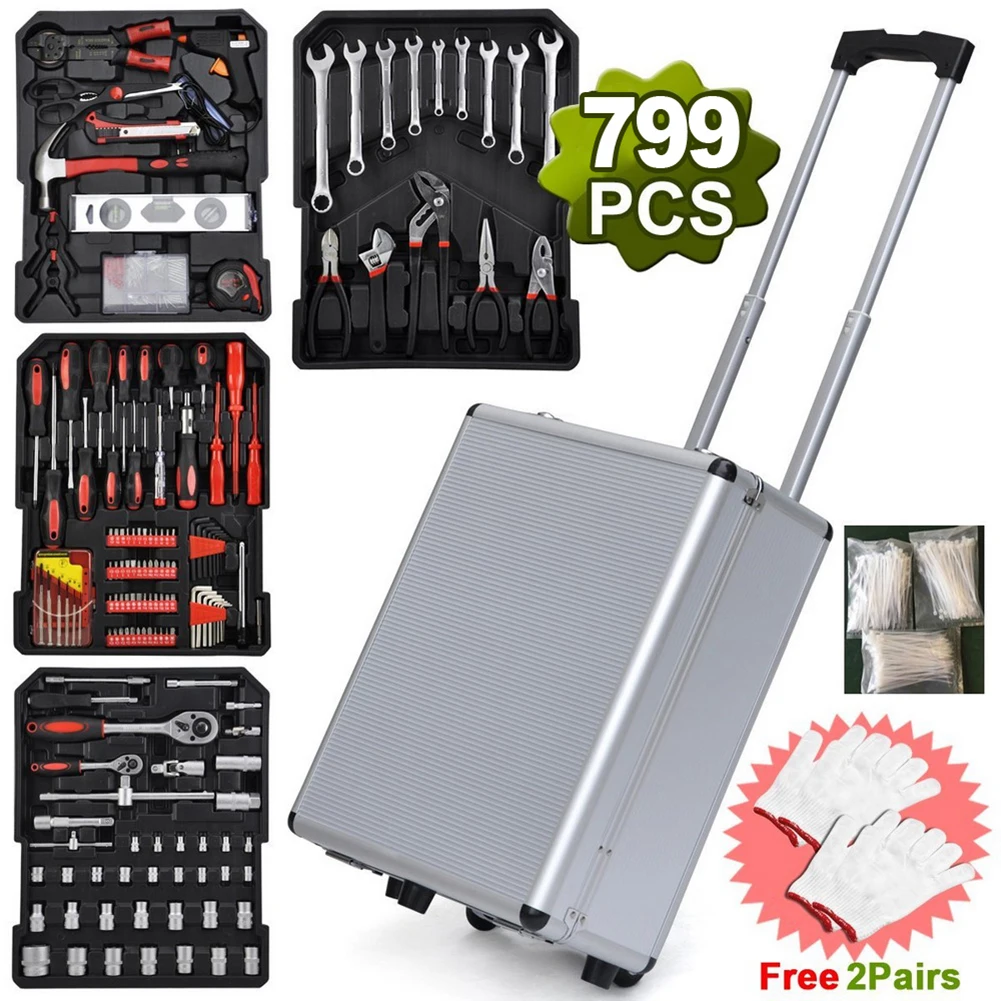 US $134.26 799pcs Aluminum Trolley Case Tool Set Multifunctional Home Tool Kits Tool Storage Box Set Toolbox Professional Repair Tool