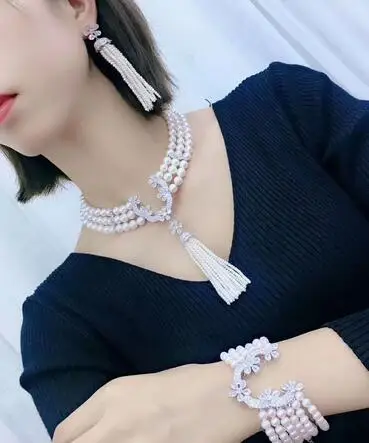 

Hand knotted 3-4mm 5-6mm 8-9mm natural white pearl zircon clasp accessory necklace bracelet earrings set fashion jewelry