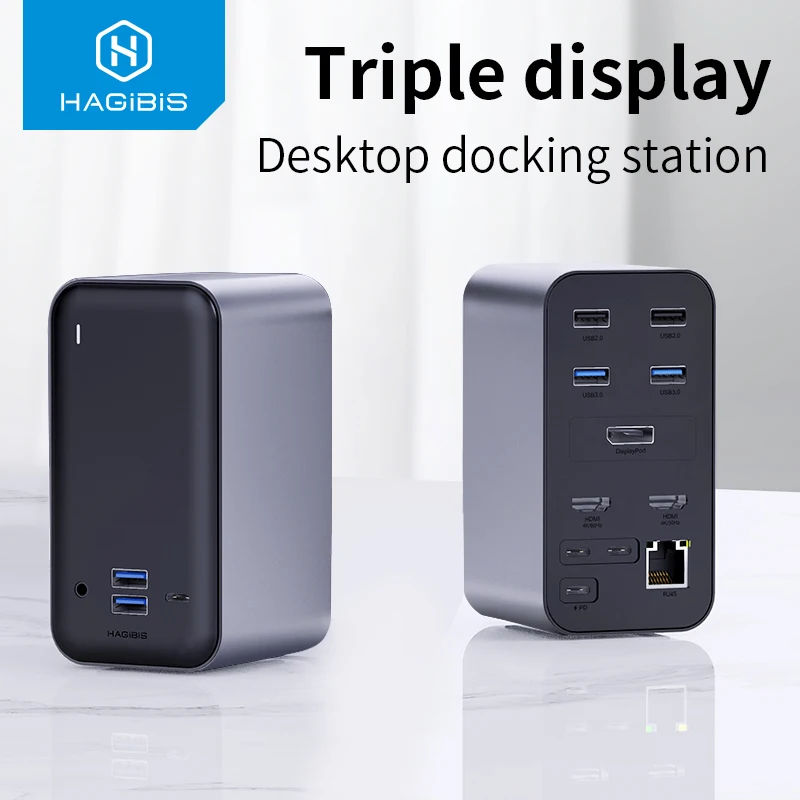 

Hagibis USB C Docking Station Triple display Type C to 4K HDMI VGA DP USB 3.0 HUB RJ45 3.5mm Audio PD Adapter for Windows MacOS