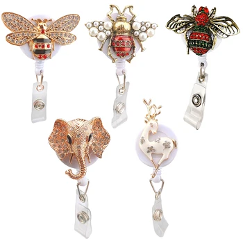 

1pcs Adorable Animal Rhinestone Honeybee/Elephant/Reindeer Style Nurse Gift Name Badge Holder Retractable Reel Clip Accessory