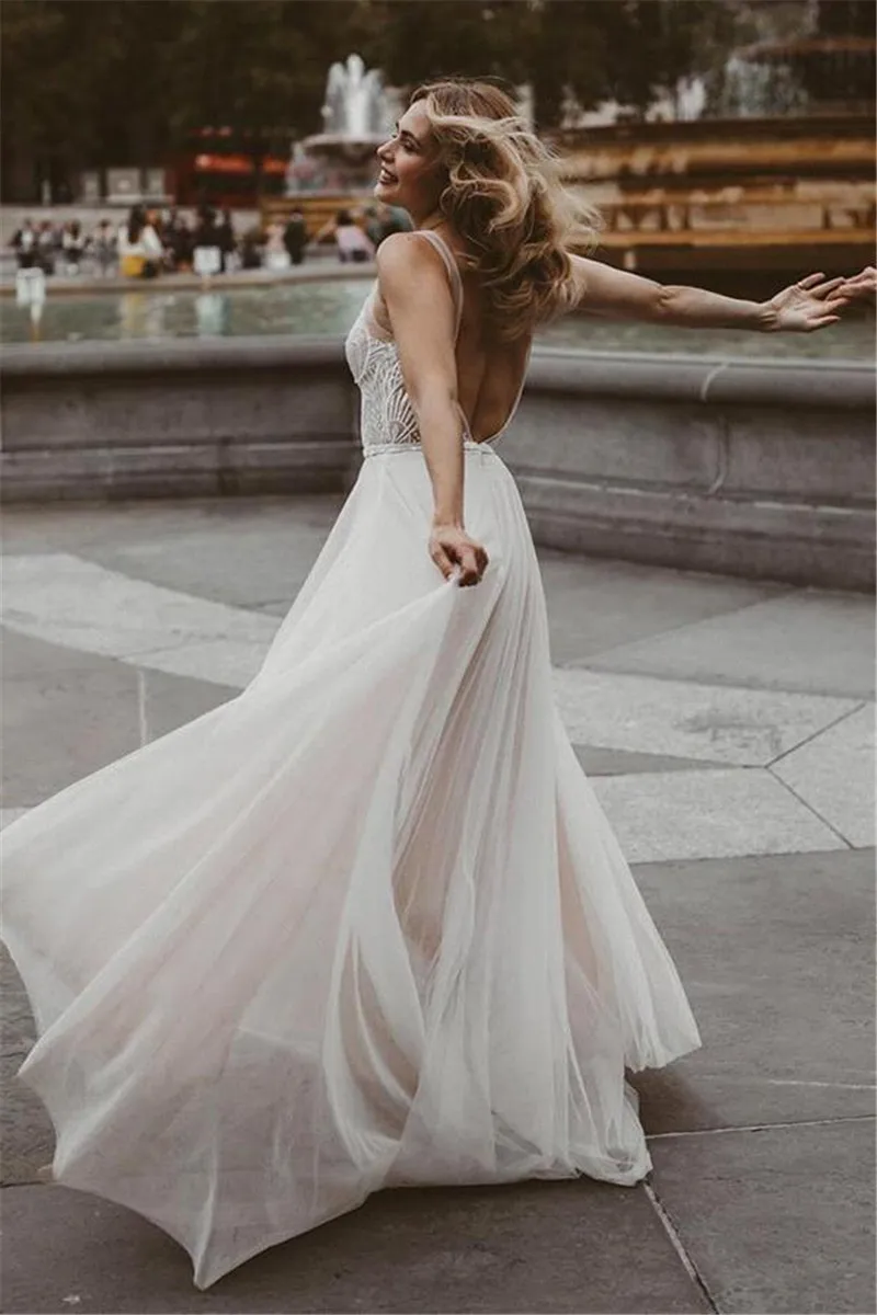 SWEMILE богемное кружевное пляжное свадебное платье Robe de Mariee сексуальные открытые сзади Свадебные платья с бусинами Vestido De Noiva