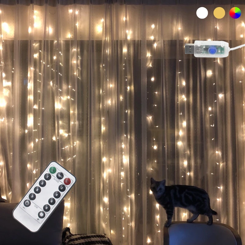 

3x3m 300 LED Copper Wire Icicle Curtain Lights USB with Remote Controller Garland Fairy String for Wedding Party Curtain Decor