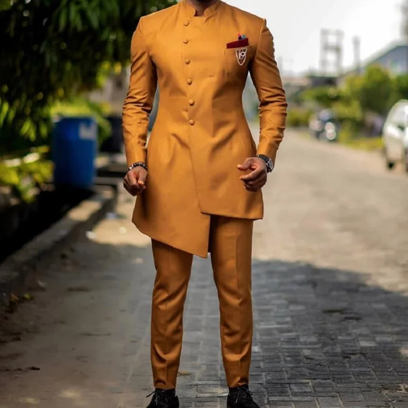 African Golden Satin Slim Fit Men Suits Wedding Groom Tuxedos Bridegroom Suits Front Button Best Man Prom Blazer Jacket+Pant