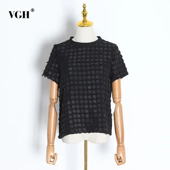 

VGH Casual Patchwork Sequin T Shirt For Women O Neck Short Sleeve Dot Vintage T-Shirt Female Spring Fashion Clothing 2020 Tide