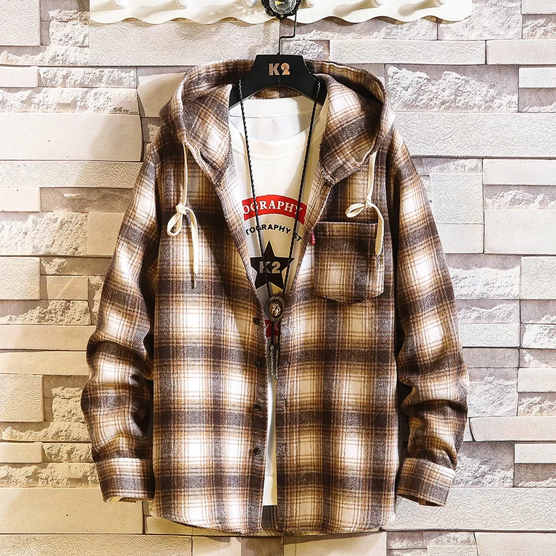 

Men's Fashion Casual Long Sleeve Plaid Shirt Slim Edition Boys Plus Size Hooded Shirt Brand Men's Clothing Soft and Comfortable