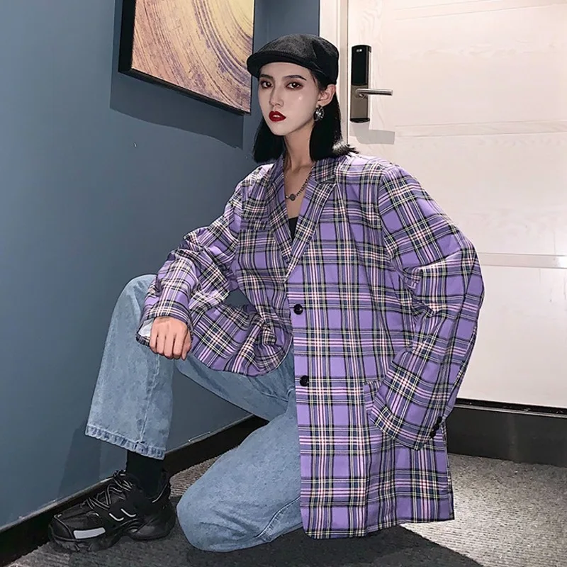 

Fox Mrs. Autumn INS Retro Plaid Suit Jacket Women's Loose-Fit Mid-length Long-sleeved Upper Garment Fashion