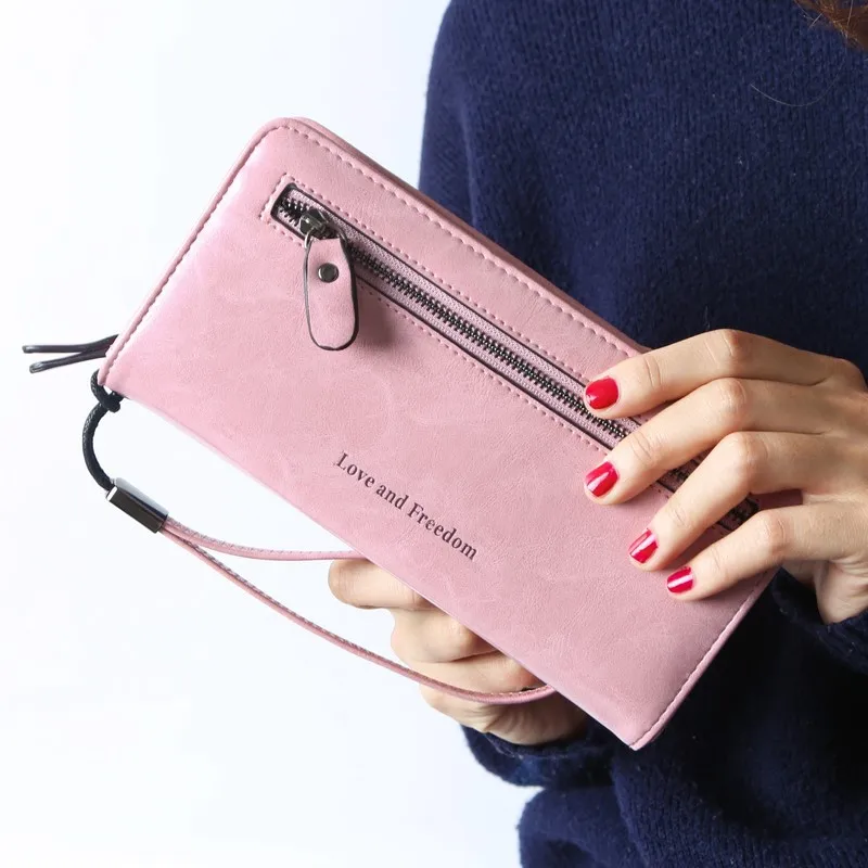 Длинный Кожаный клатч для женщин s Кошелек Браслет для телефона женские сумки кошелек Тонкий женский кошелек держатель для карт кошельки и кошельки для женщин - Color: Pink Long