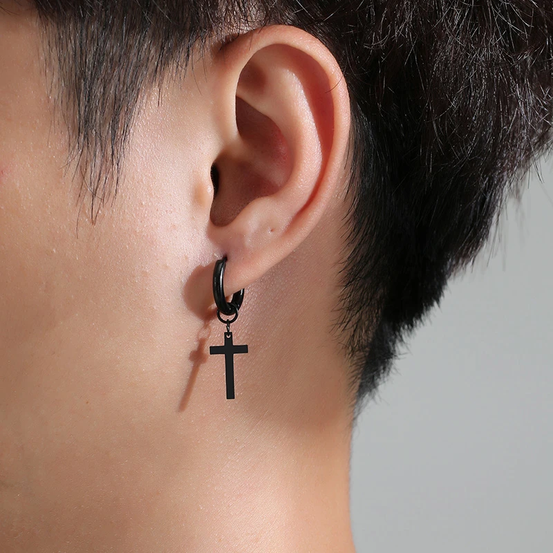 Vnox Simple Cross Dangle Earrings for Men Women Minimalist Stainless Steel Drop Small Hoop Metal Ear Jewelry Anti Allergy hoop earrings,drop earrings,dangle earrings,cross earrings