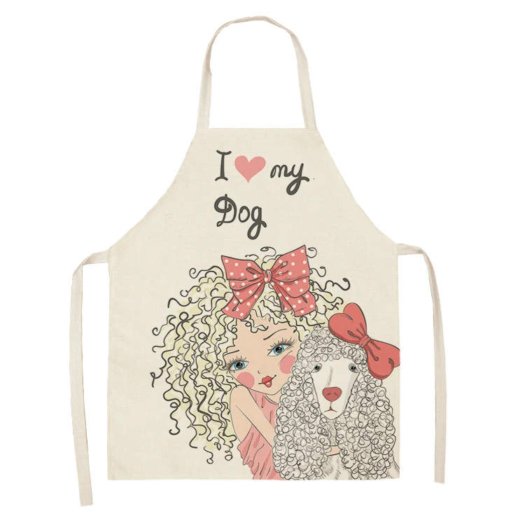 Cute Girl Cotton Linen Sleeveless Apron Printed Kitchen Aprons Women Home Cooking Baking Waist Bib Pinafore 53*65cm WQL0151 - Цвет: WQL0151-1