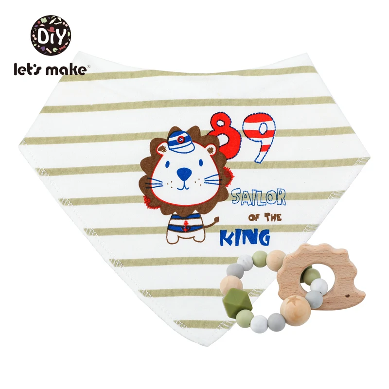 Let's Make 1set Saliva Towel Baby Bibs& Nursing Bracelet Dinosaur Lion Print Bandana Soft Cotton Boys Girls Feeding Saliva Bib