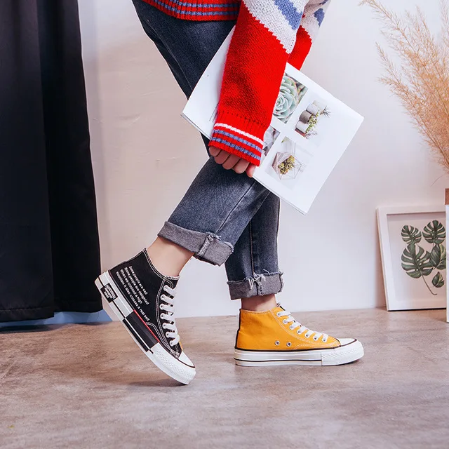 

2019 new color matching high canvas shoes female Korean version of the wild casual shoes flat shoes women's shoes