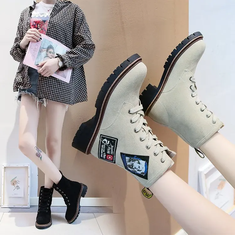 

EAGSITY high top boots Women ankle short work safety motorcycle boots block heels platform lace up round toe winter snow boots