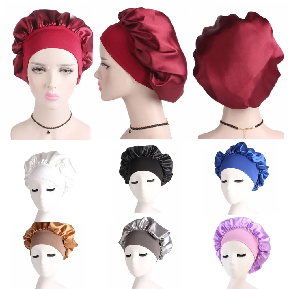 Новое поступление, однотонная женская атласная шапка-капот для ночного сна, крышка для волос, широкая эластичная шляпа, черный, белый, синий, розовый, золотой